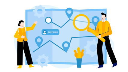 Two people analyzing customer location data, suitable for business presentations, data analysis, market research, technology, and customer demographics concepts.