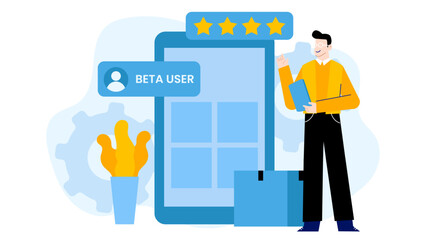 Happy beta user reviews mobile app giving five stars, suitable for technology or app development websites, blog posts, or promotional materials.