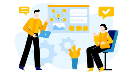 Two colleagues collaborating on project ideas, suitable for business presentations, brainstorming sessions, teamwork concepts in corporate settings.