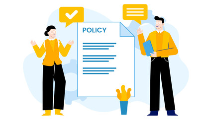 Two people reviewing a policy document. Suitable for business presentations, training materials, educational resources, and corporate communications.