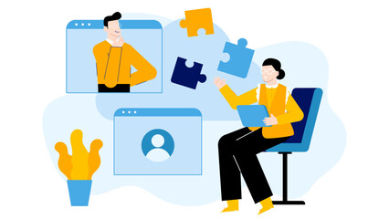 Online collaboration illustrated with puzzle pieces and two people working together. Ideal for teamwork concepts in web design and presentations.