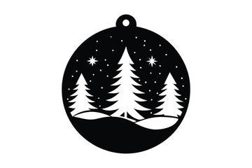 Black and white snow globe illustration with three stylized Christmas trees and falling snow