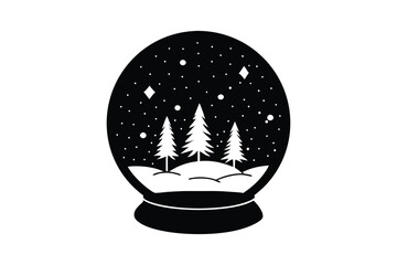 Black and white snow globe illustration with three stylized Christmas trees and falling snow