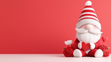 Valentine's Day Gnome: An endearing gnome, adorned with a long white beard and a charming striped hat, cradles a heart amidst an arrangement of roses, symbolizing love and affection.