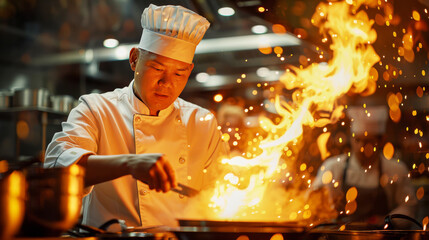 Culinary Flame: A skilled chef ignites flames in a bustling kitchen, demonstrating a culinary art with precision, focus, and a passion for the perfect dish.