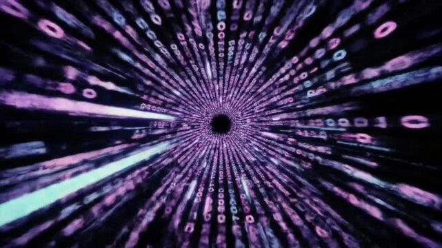 POV-style motion flying through a high-speed digital tunnel filled with streaming binary code and flickering lights.