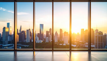 Blurred city skyline view through large glass windows at sunset