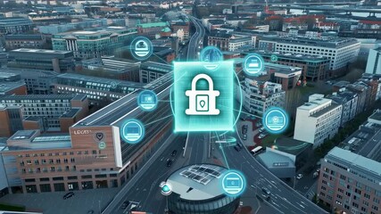 Aerial View of Smart City with Cybersecurity Overlay Demonstrating Data Protection - Powered by Adobe