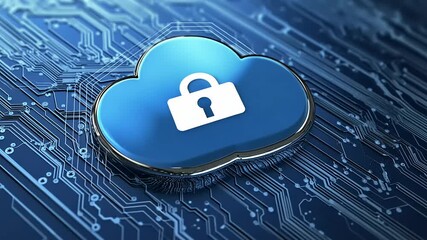 Cloud storage icon with a padlock on a digital circuit background, symbolizing data security and privacy - Powered by Adobe