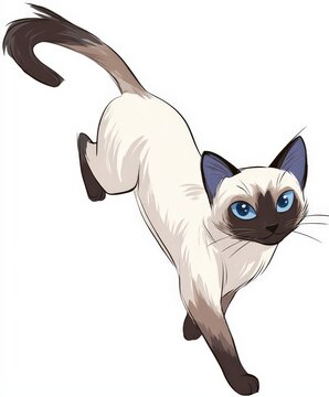 Cartoon illustration of a Siamese cat pouncing or leaping in playing, plain white background 