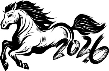 Horse Galloping with 2026 Brush Stroke Text for New Year Celebrations