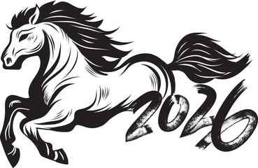 Horse Galloping with 2026 Brush Stroke Text for New Year Celebrations