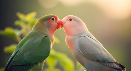 Two lovebirds kissing each other