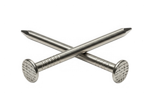 Two crossed metal nails isolated on transparent background