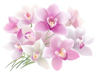 Orchid flowers bouquet, pink and white colors, isolated on white background, macro close up