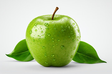 Twin green apples with leaves placed side by side on white background