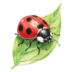 Naklejka premium Watercolor Ladybug Resting on a Green Leaf with Detailed Antennae