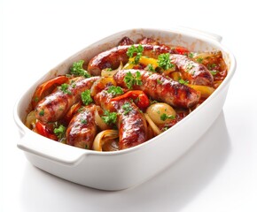 Sausage and bean casserole, white isolated, hearty dinner