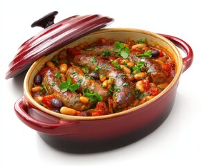 sausage and bean casserole, isolated on white
