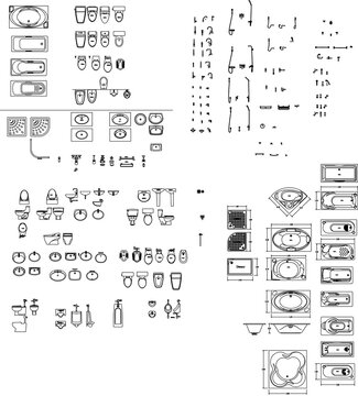2D AutoCAD Bathroom Blocks &ndash; Toilet, Bathtub, Shower Faucet, Water Purifier, Urinary Tract Vector Design