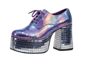 Purple iridescent platform shoes with mirrored tiles, isolated on a transparent background, evoke the glamorous disco era