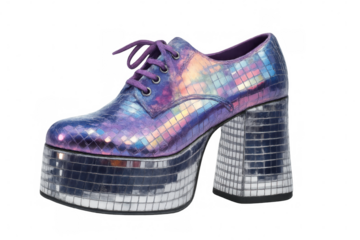 Purple iridescent platform shoes with mirrored tiles, isolated on a transparent background, evoke the glamorous disco era