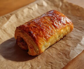 sausage roll lunch snack, cooked and laying on paper
