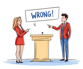 Two people at a debate podium; one points accusingly while large floating text reads "WRONG!"; satirical political comic