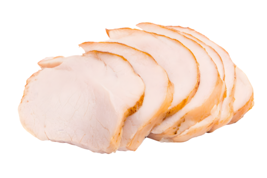 Sliced roasted turkey breast presents succulent poultry against a stark transparent background, ideal for deli meat displays, silhouette - Powered by Adobe