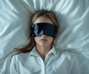 woman wearing black silk sleep mask lies on white bed, creating serene atmosphere. soft bedding enhances peaceful mood, inviting relaxation and rest
