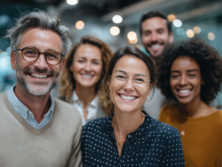 Fototapeta premium Smiling group of diverse employees in modern office setting, showcasing teamwork and positivity. Their expressions reflect joy and collaboration