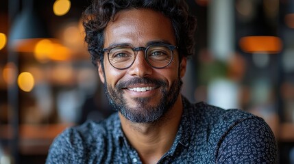 Smiling Businessman with Glasses in Coffee Shop Setting
