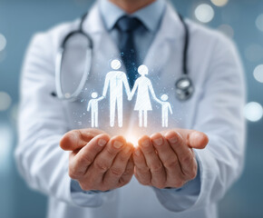 doctor in white lab coat holds glowing family icons, symbolizing care and health. image conveys compassion and dedication to family well being