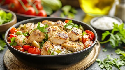 Delicious chicken quinoa bowl close-up