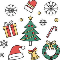 "Flat Style Holiday Icons Set – Christmas Tree, Santa Cap, Present Box, Winter Bell, Festive Wreath, Snowflakes"