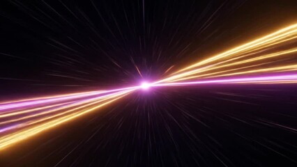Intersecting golden and purple energy beams crossing at center with glowing motion trails radiating outward on dark space background. Technology concept
