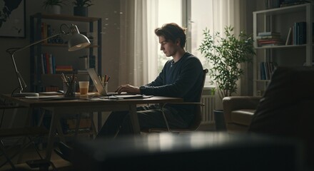 A young man working on a laptop at a desk in a dimly lit room with a lamp and a bookshelf nearby
