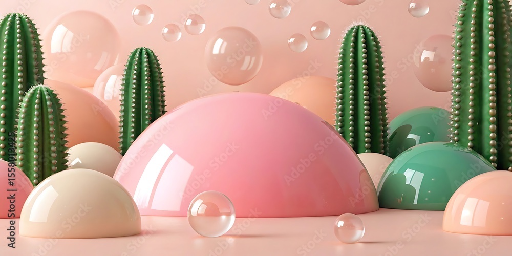 Poster pastel colored domes cacti and floating bubbles create a whimsical abstract composition in a studio 