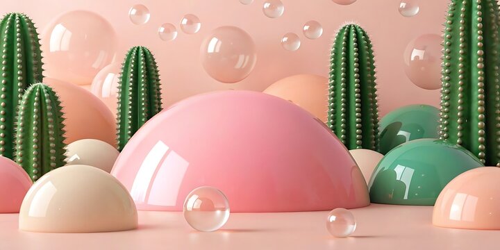 Pastel colored domes cacti and floating bubbles create a whimsical abstract composition in a studio setting