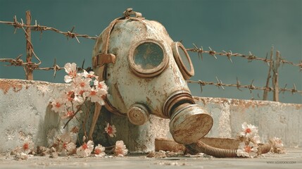 Resilience: Gas Mask and Blossoms in Post-Apocalyptic Setting, Conceptual
