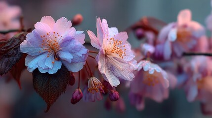 Delicate Pink Cherry Blossoms in Bloom, Macro Floral Photography