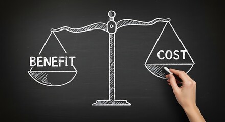 A hand draws a costbenefit analysis on a blackboard using chalk