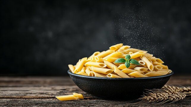 Penne pasta in a dark bowl on a rustic wooden table.