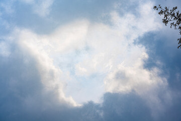 Dramatic cloudy sky with light breaking through, natural background