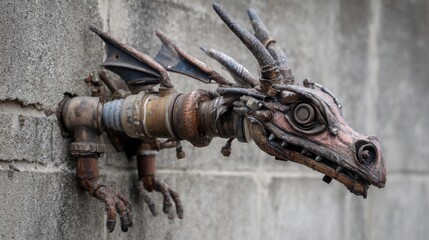 Fototapeta premium Steampunk dragon sculpture on concrete wall