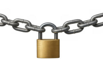 Brass padlock fastening sturdy metal chain, preventing unauthorized entry on clear background for security purposes