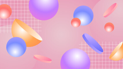 Pastel spheres, cylinders, and a grid create a modern 3D geometric design. Suitable for abstract backgrounds, web banners, and digital art projects.