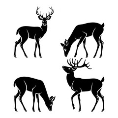 Black silhouette deer vector art illustration set of wildlife animal with antlers and grazing deer poses