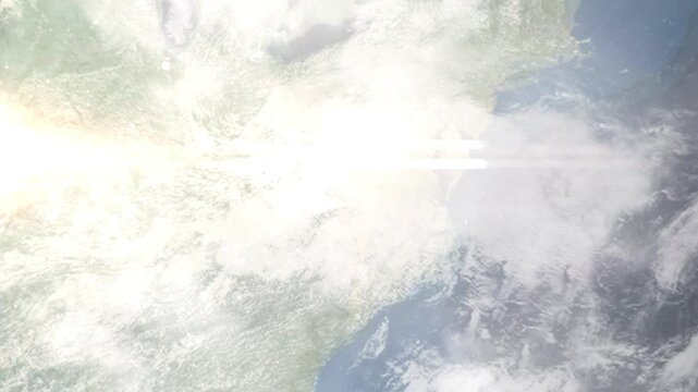 Earth zoom in from space and focus on Roanoke, Virginia, USA. Background for travel intro or blog. Satellite view. 3D style Animation. Images from NASA.