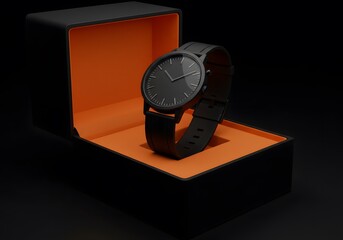 black minimal watch on black box, black wristwatch with a black strap on a black box with an orange interior on black background, Black Men's Wristwatch in Kraft Gift Box on Dark Background